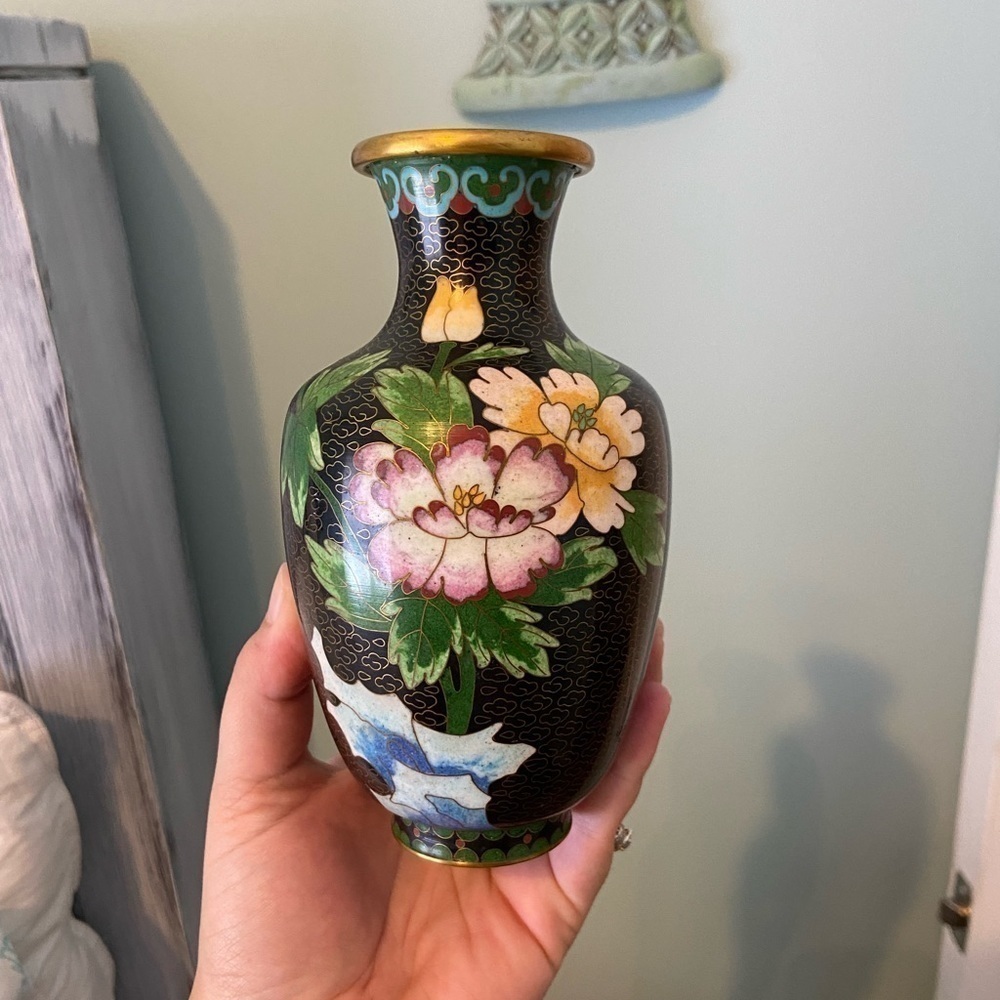 Vintage Black Cloisonné Vase